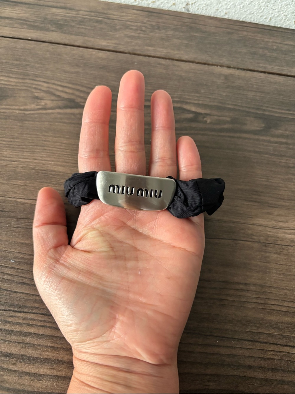 Miu Miu Black Elastic Hair Tie with Silver Logo Plaque set of 3